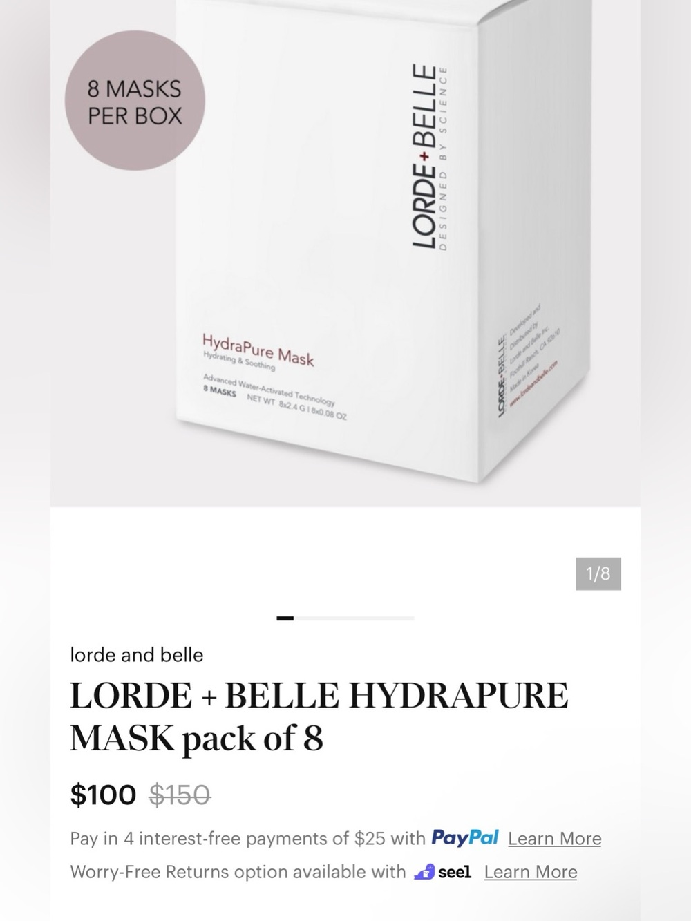8 Lorde + Belle HYDRAPURE Face Masks